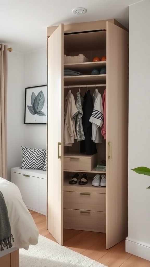 A foldable wardrobe with shelves and drawers displaying clothing and shoes