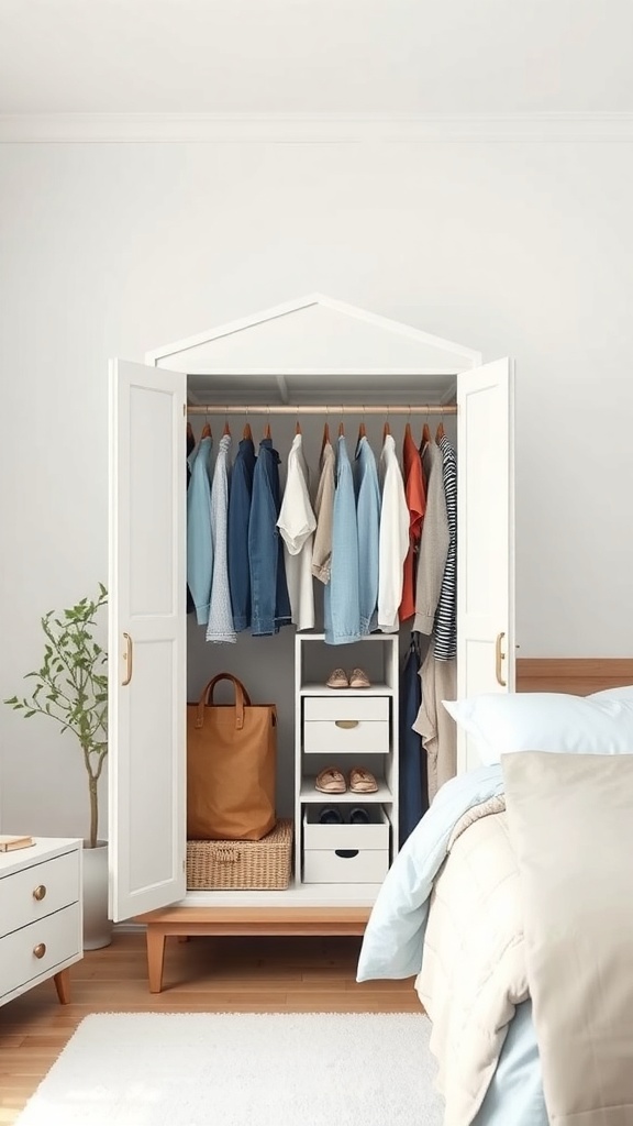 A stylish folding wardrobe in a small bedroom, featuring neatly hung clothes and storage drawers.