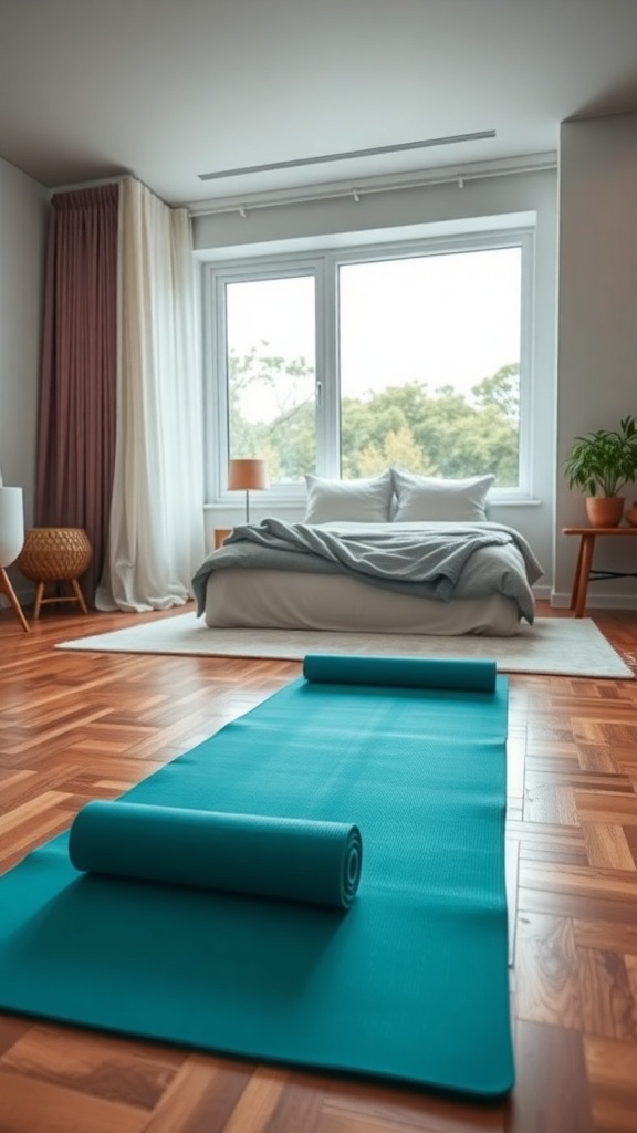 A turquoise folding yoga mat laid out on a wooden floor in a cozy bedroom with a bed and natural light from a window.