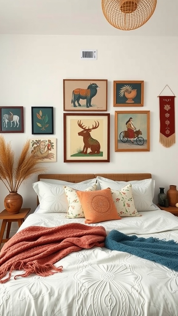 A cozy boho green bedroom featuring framed folk art on the walls, colorful pillows, and soft throws on the bed.