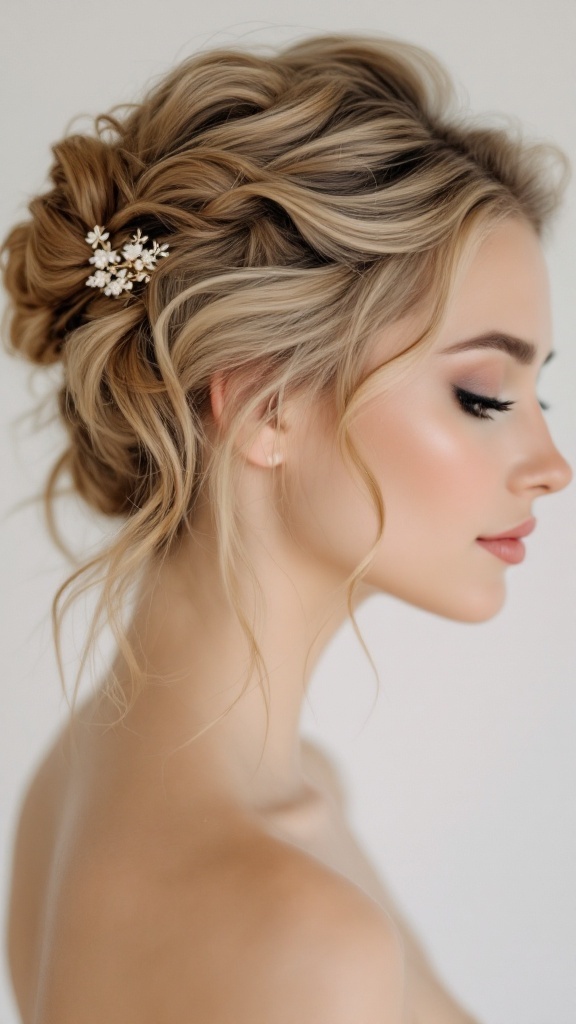 A woman with long hair styled in a formal half-up side part, featuring soft waves and floral hair accessories.