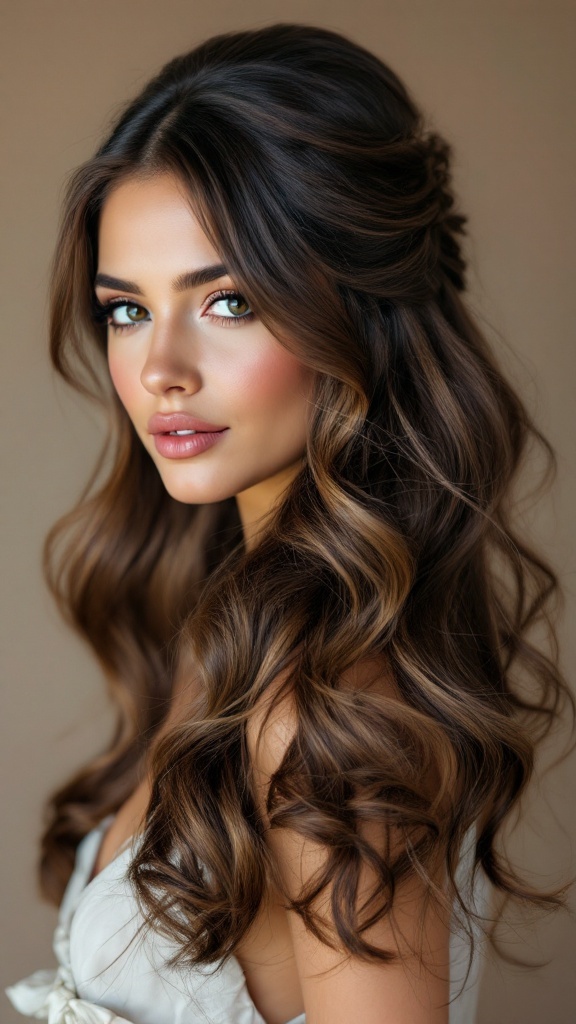 A woman with half up half down hairstyle and bangs, showcasing elegant waves