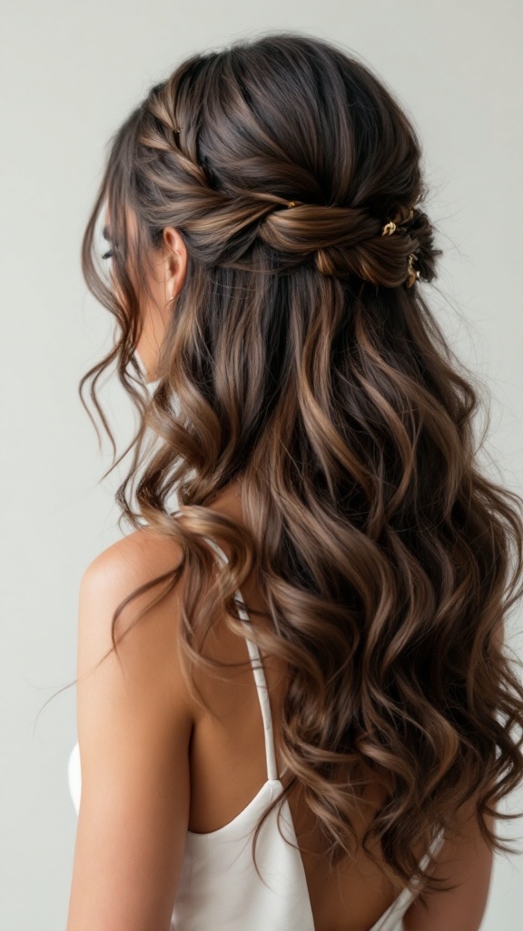 Woman with medium length curly hairstyle featuring formal loose curls and braids.