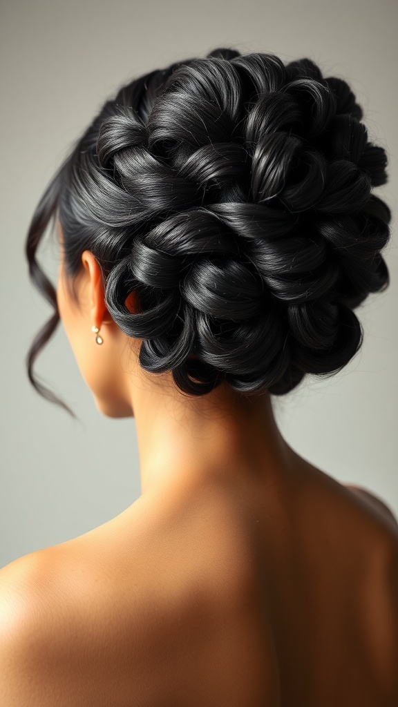 A formal updo hairstyle featuring deep wave details, emphasizing elegance and sophistication.