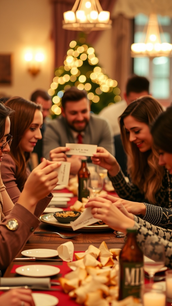 A cozy gathering with friends at a table featuring fortune cookies, snacks, and a note revealing a surprise.