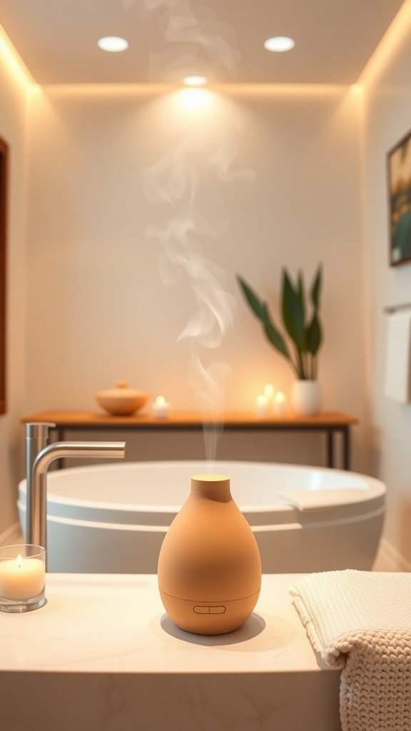 A stylish essential oil diffuser releasing mist in a modern bathroom setting.
