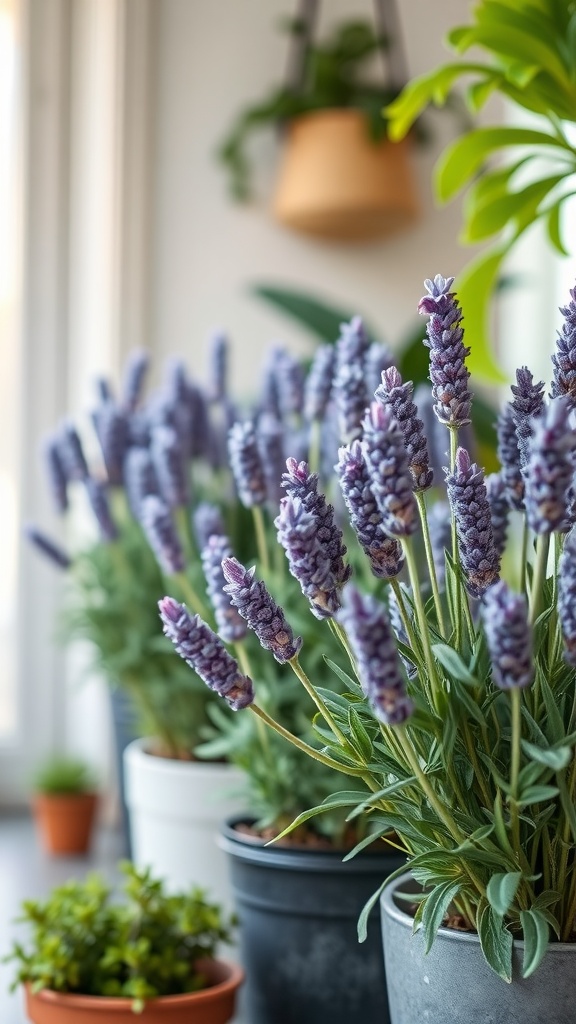 A collection of lavender plants in pots, showcasing their tall purple flowers and green foliage in a bright indoor setting.