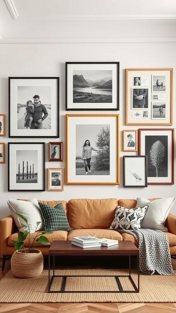 A wall adorned with a variety of framed family photos and artwork, featuring an orange couch and a cozy atmosphere.