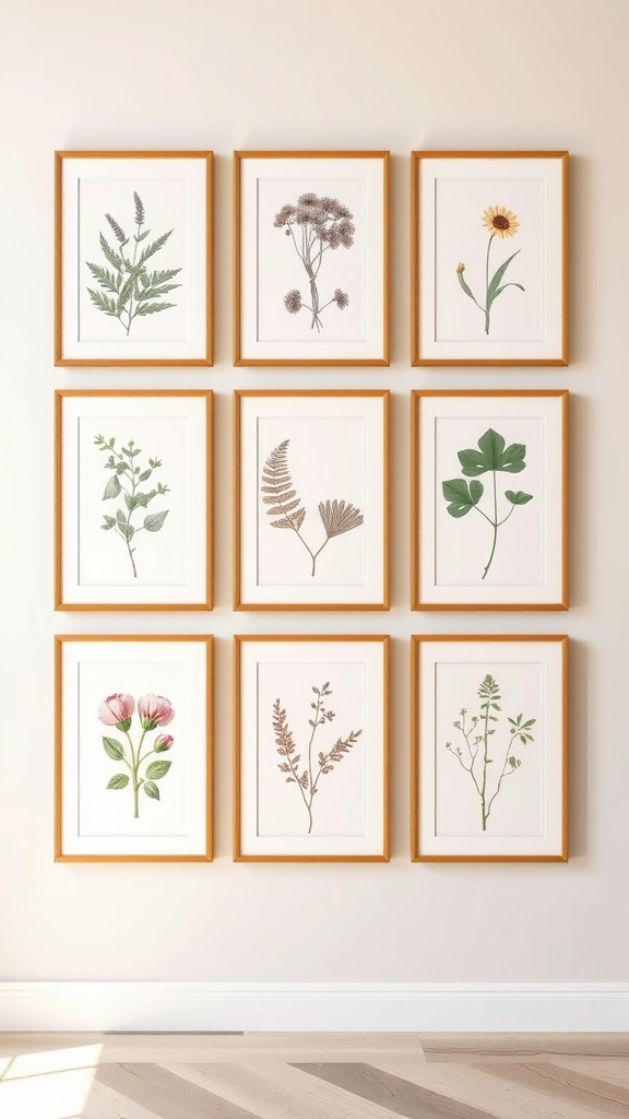 A gallery wall displaying nine framed botanical prints of various plants and flowers.