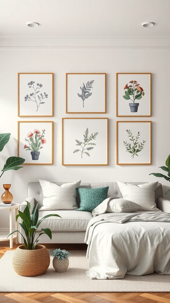 A living room wall featuring six framed botanical prints above a light-colored sofa with decorative cushions.