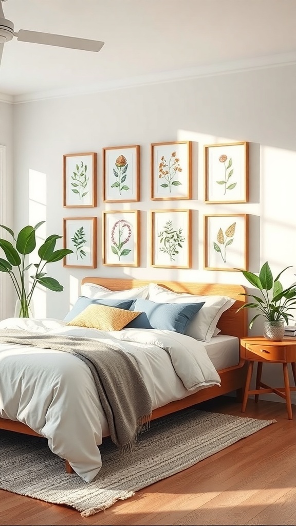 A cozy bedroom with a wall of framed botanical prints, showcasing various plants and flowers.