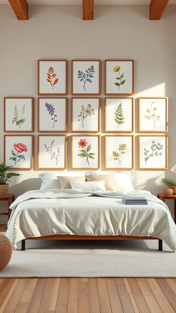 A wall decorated with framed botanical prints above a bed, featuring various plants and flowers.