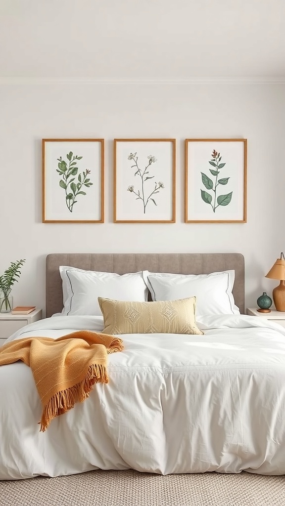 Three framed botanical prints hanging above a bed with white bedding and an orange throw blanket.