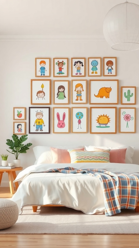 A living room wall displaying framed children's artwork in a gallery style.