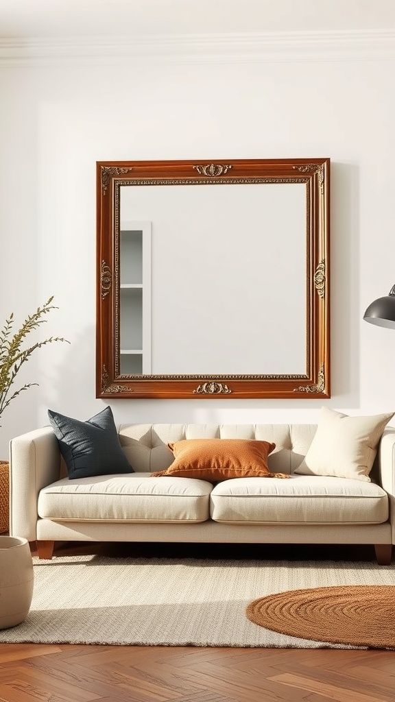 A living room with a large framed mirror above a beige couch, decorated with colorful cushions and a round rug.