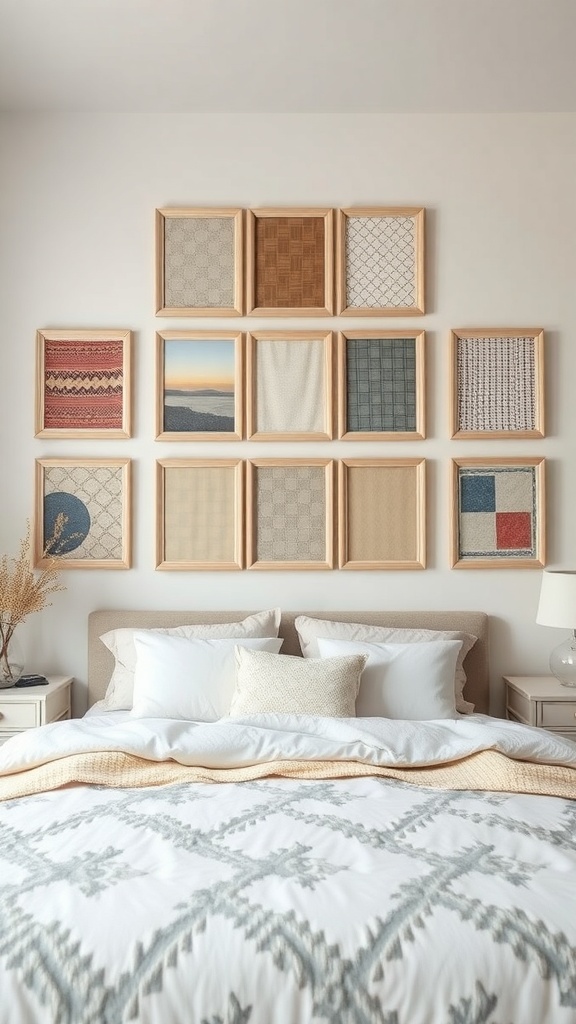A wall decorated with framed fabric swatches in various patterns and colors above a bed.