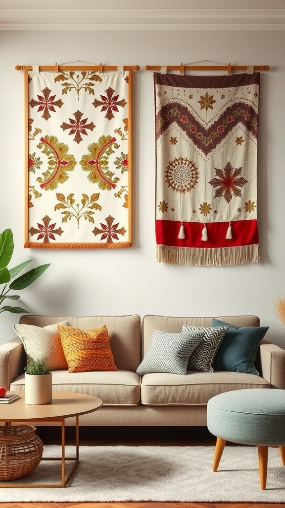 Two framed fabric wall hangings with intricate patterns, displayed above a cozy sofa with colorful pillows.