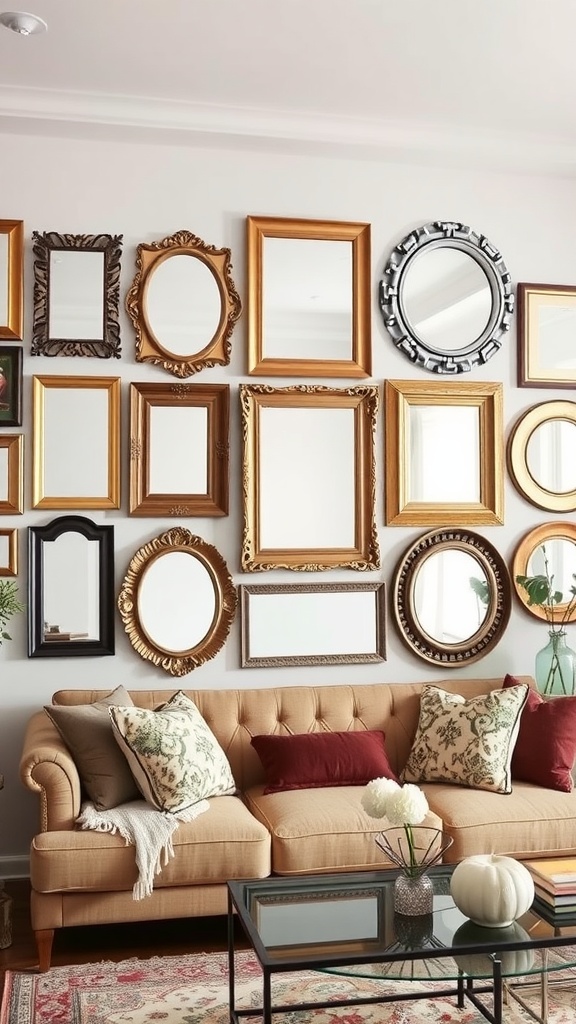 A wall featuring various framed mirrors in different styles, with a cozy sofa in front.