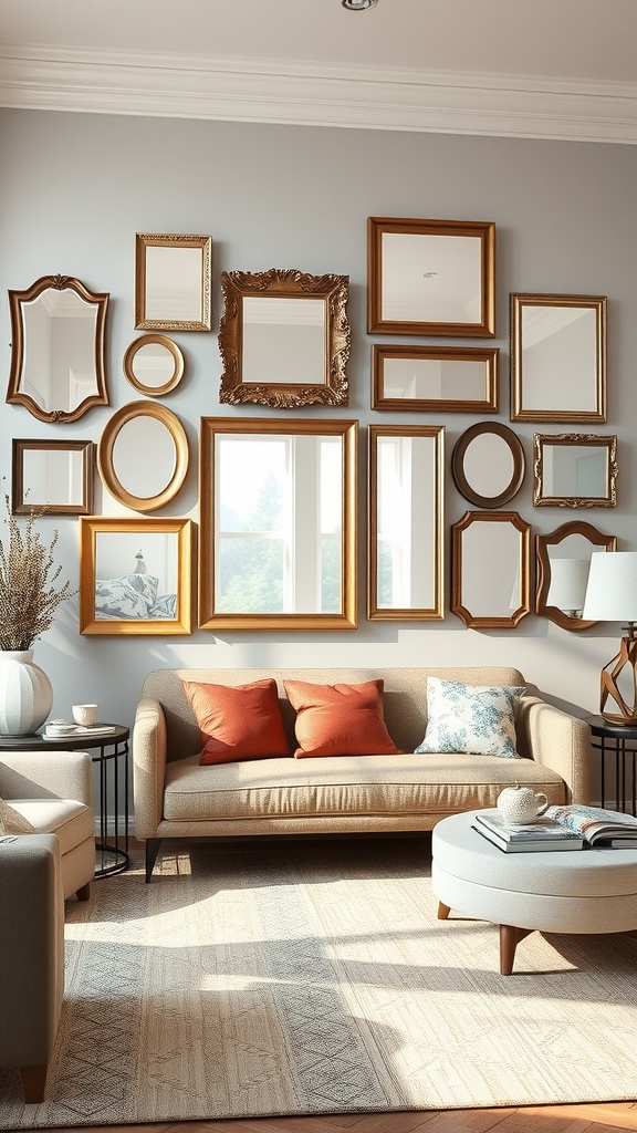 A living room with a cluster of framed mirrors on the wall, showcasing various shapes and styles.