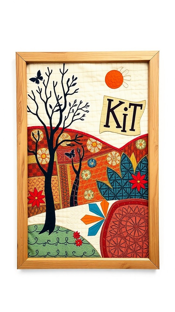 Framed quilt art featuring colorful abstract design with trees and sun