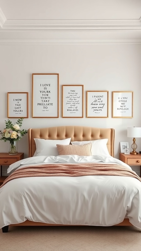 A cozy bedroom with a collection of framed quotes on the wall above the bed.