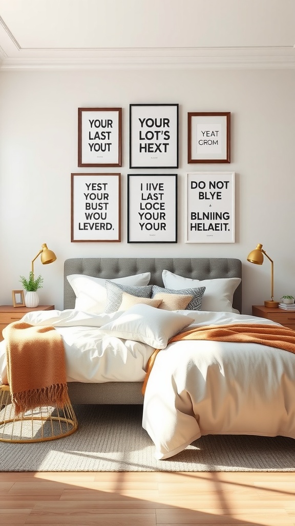 A cozy bedroom with a gallery wall of framed quotes above the bed.