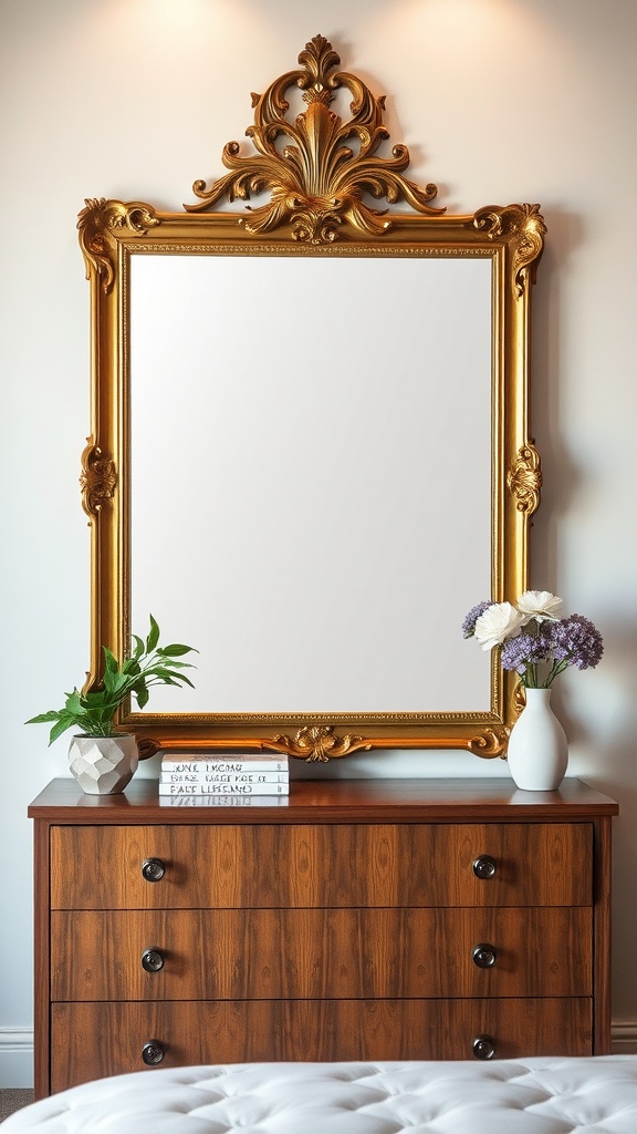 A large ornate gold-framed mirror above a wooden dresser, decorated with flowers and books.