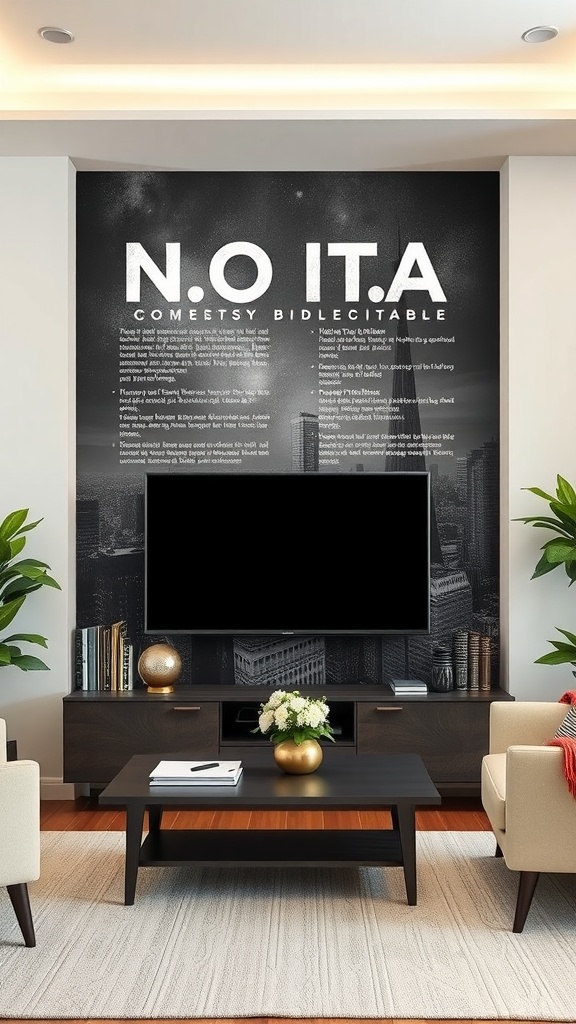 Living room with framed wall art behind a TV, featuring bold graphics and stylish decor.