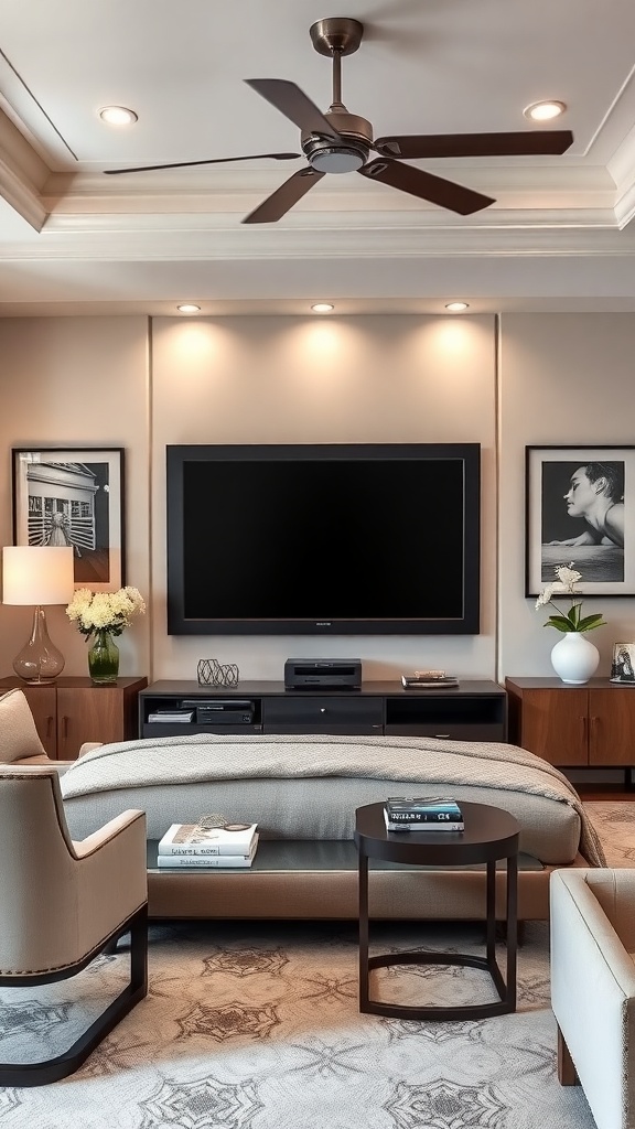 A stylish bedroom with a framed TV and custom artwork on the wall, featuring cozy furniture and soft lighting.