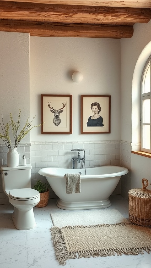 A rustic bathroom featuring framed vintage artwork of a deer and a woman, with a classic bathtub and wooden beams.