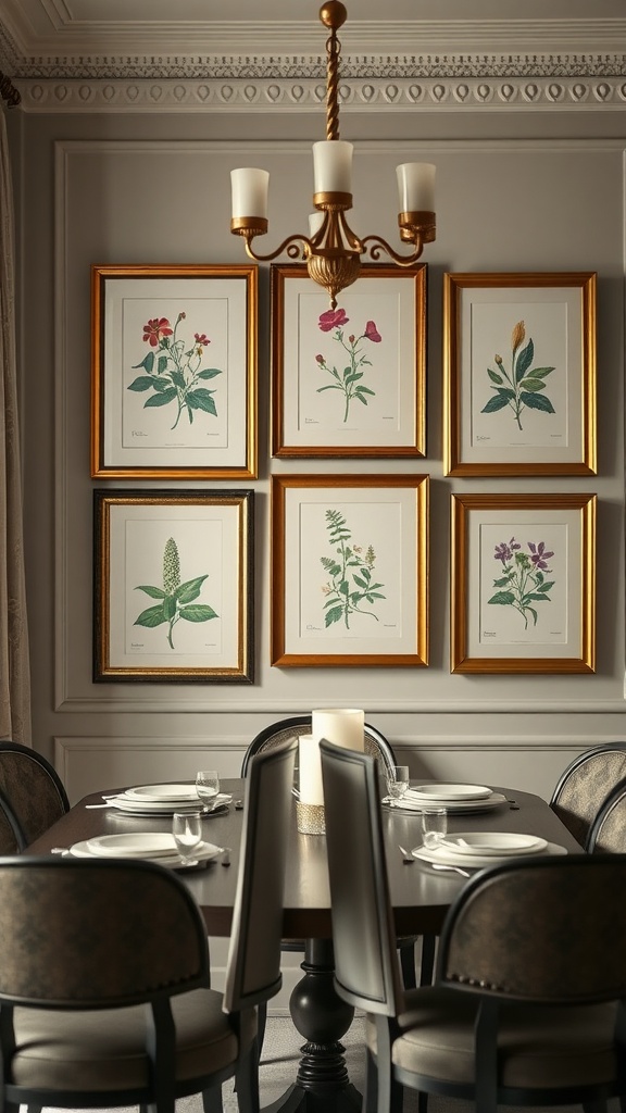 A collection of framed vintage botanical prints on a wall above a dining table with a chandelier.