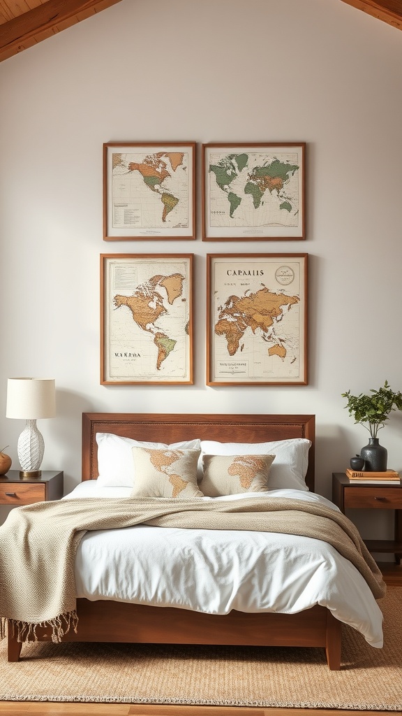A cozy bedroom featuring four framed vintage maps on the wall above a bed with neutral bedding.
