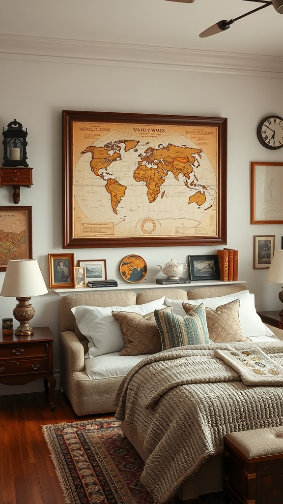 A cozy living room featuring a framed vintage map above a sofa, with decorative pillows and a warm color palette.