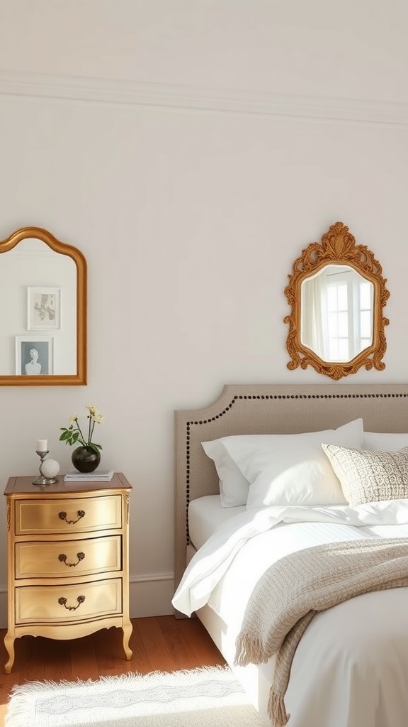 A cozy bedroom featuring two framed vintage mirrors on the wall, a stylish nightstand, and soft bedding.