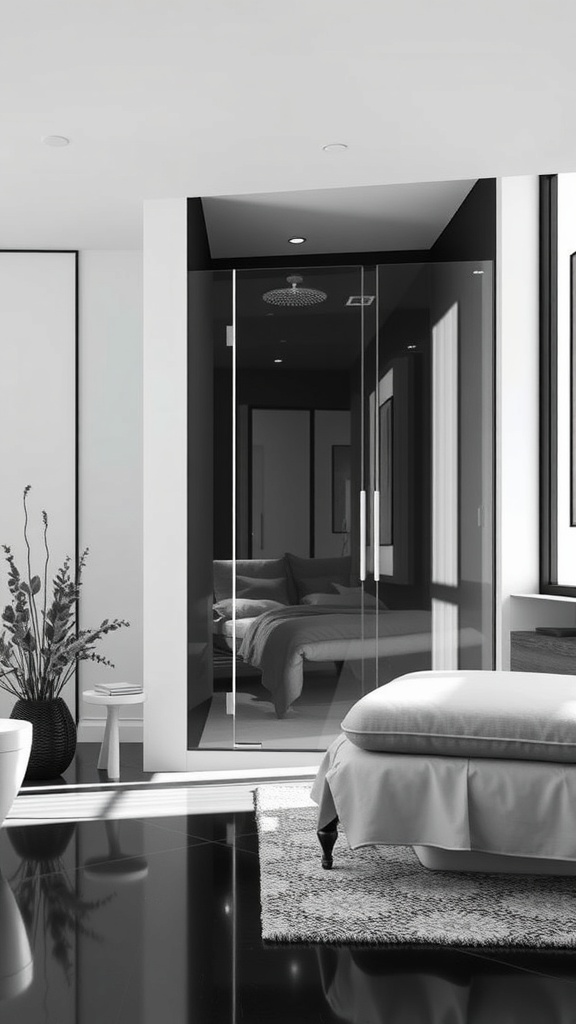 A minimalist bathroom featuring a frameless glass shower enclosure.
