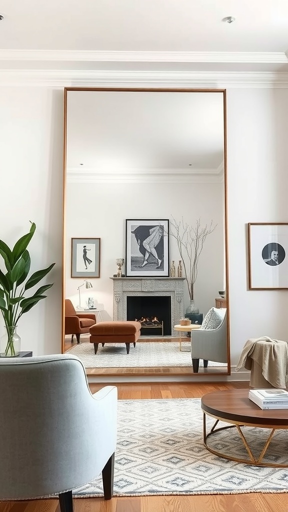 A living room featuring a large frameless mirror reflecting stylish furniture and decor.