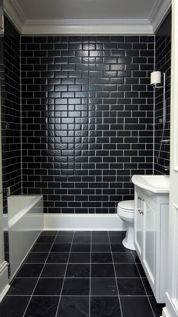 A stylish bathroom featuring black tile flooring and sleek white cabinetry with elegant baseboards.