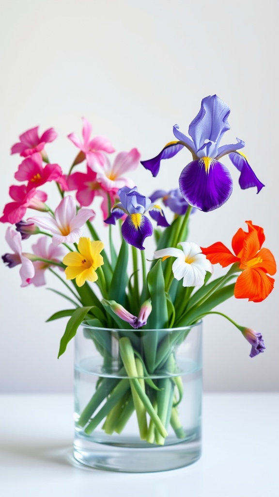 A vibrant floral arrangement featuring freesias and irises in a clear vase.
