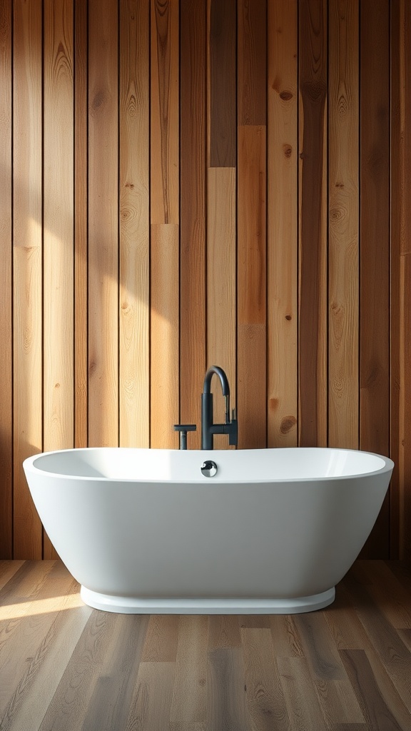 A freestanding white bathtub against a wooden wall, showcasing rustic bathroom design.