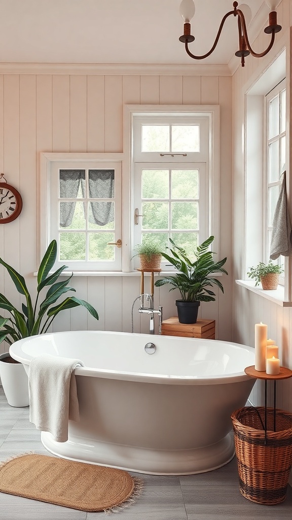 A cozy cottage bathroom featuring a freestanding bathtub, plants, and natural light.