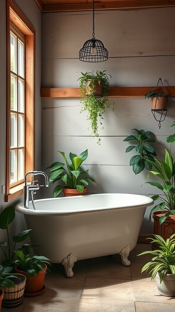 A rustic bathroom featuring a freestanding bathtub surrounded by plants and natural light.