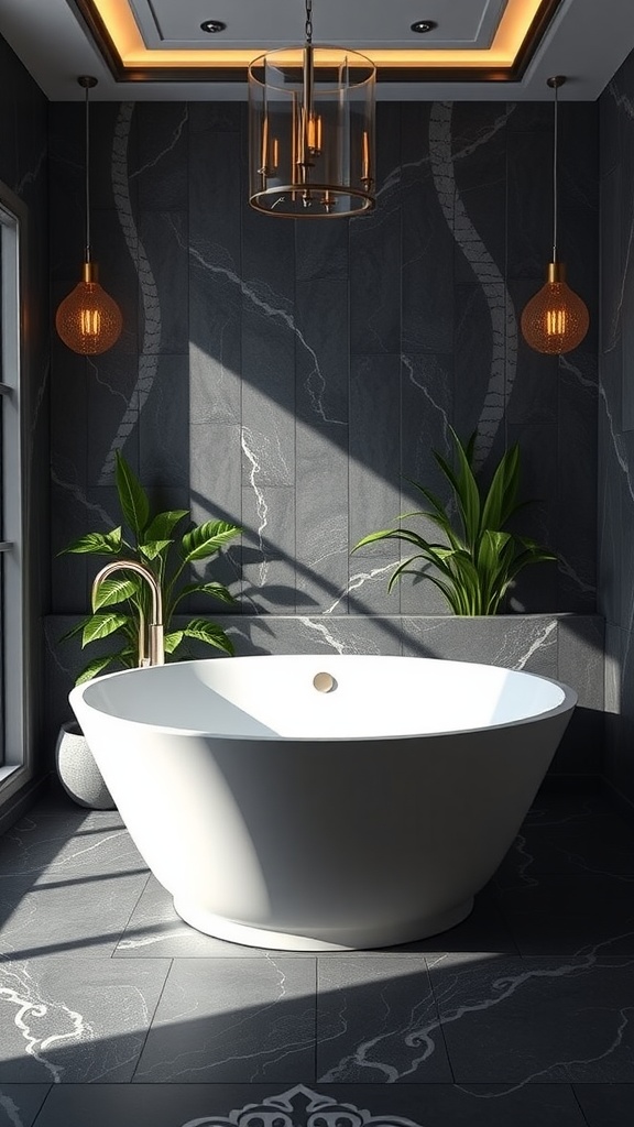 Modern freestanding bathtub in a stylish bathroom with dark tiles and natural light.