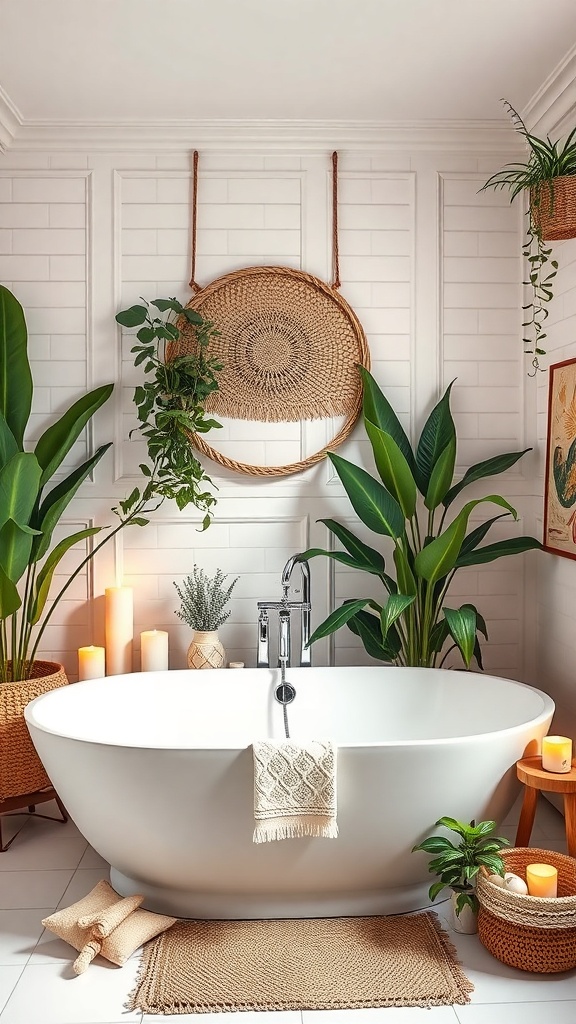 A stylish freestanding bathtub surrounded by plants and candles in a bohemian bathroom setting.