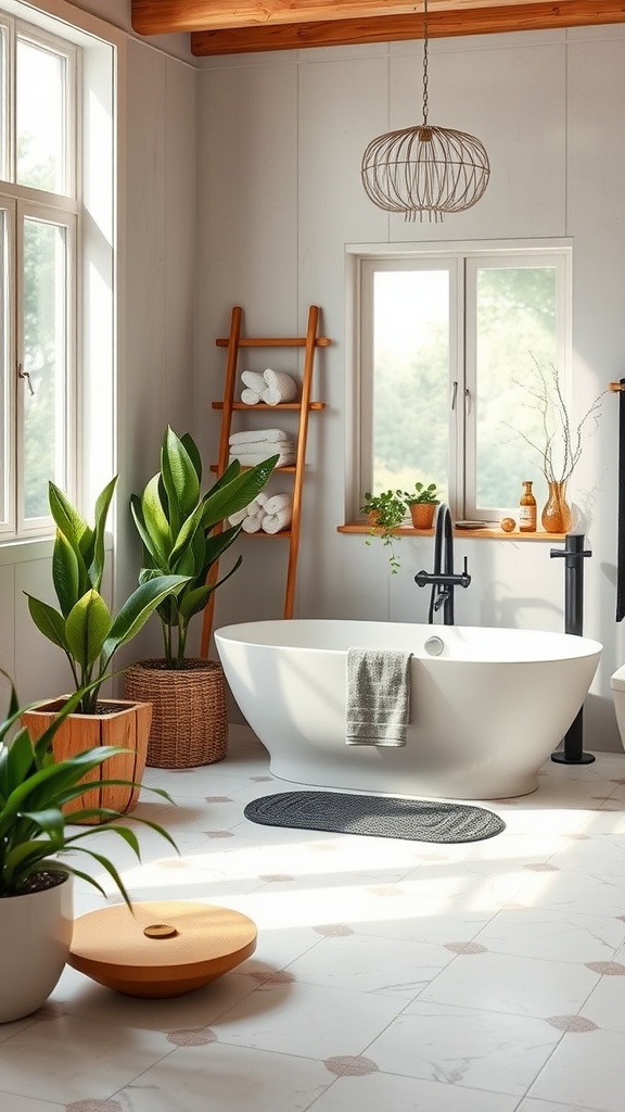 A modern rustic bathroom featuring a freestanding bathtub, natural plants, and wooden accents.