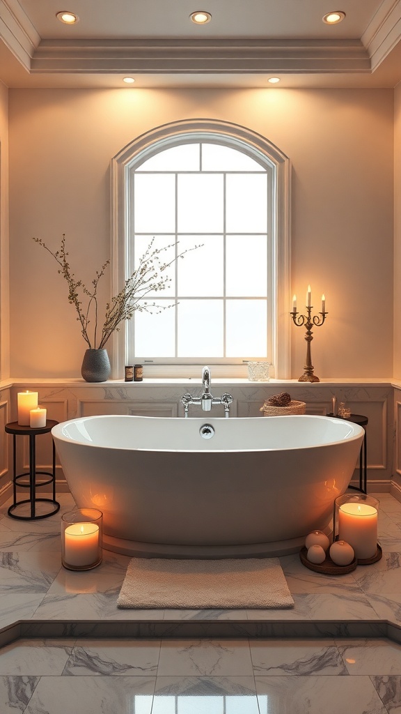 A luxurious bathroom featuring a freestanding soaking tub, candles, and elegant decor.
