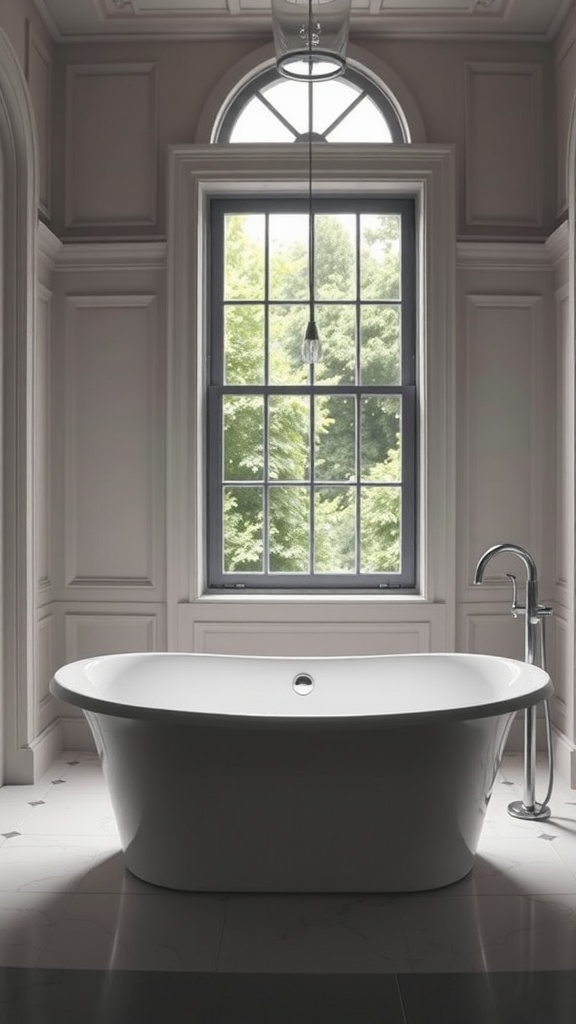 A luxurious freestanding soaking tub in a modern bathroom with a large window.