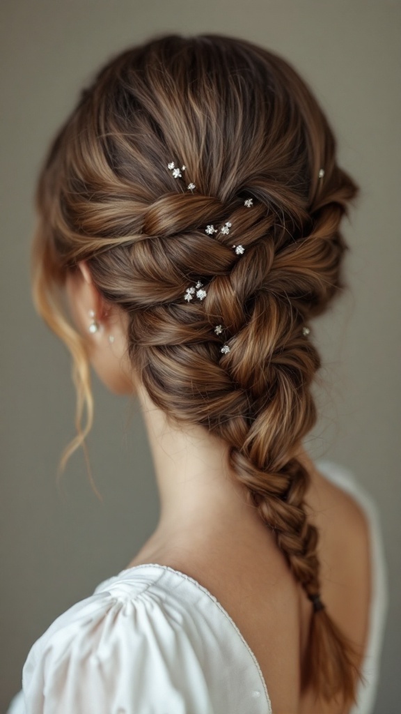 A woman with a chic French braid updo, adorned with small flower decorations, showcasing elegance.