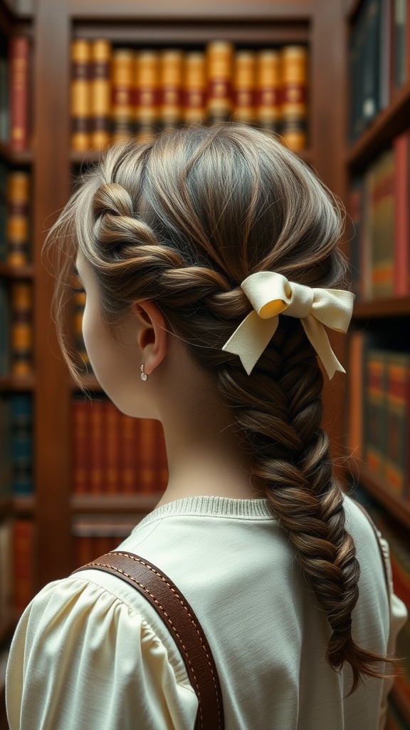 A woman showcasing a French braid adorned with a bow, viewed from behind, with a library backdrop.