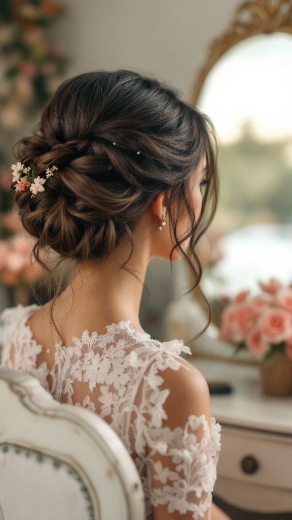 A woman with a beautiful French twist hairstyle adorned with flowers, sitting in front of a mirror.