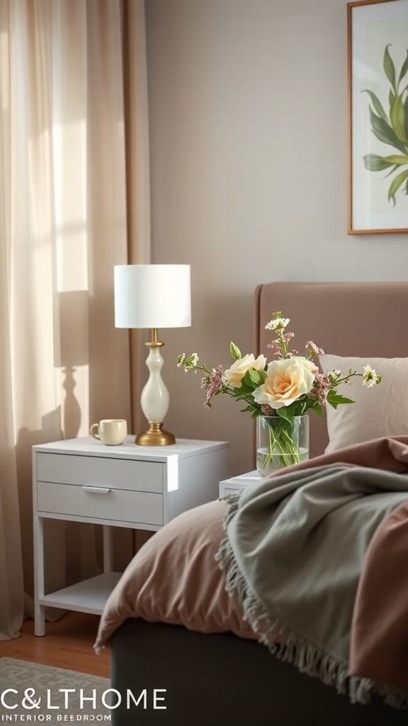 A cozy bedroom with a bedside table featuring a fresh flower arrangement, a lamp, and a cup.